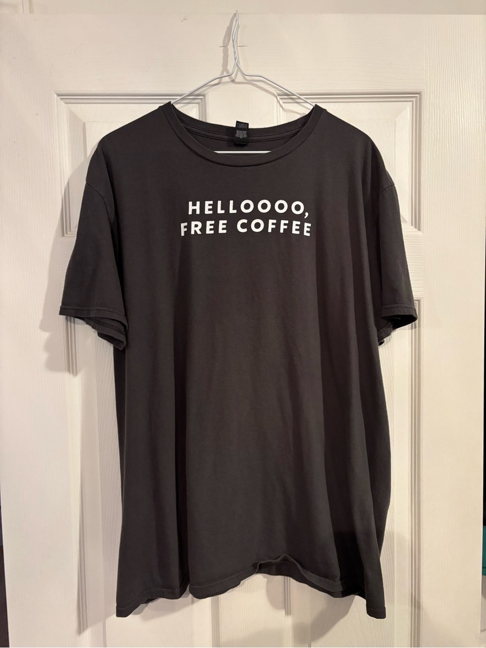 Starbucks Black Short-Sleeve Tee with White "HELLOOOO, FREE COFFEE" Graphic